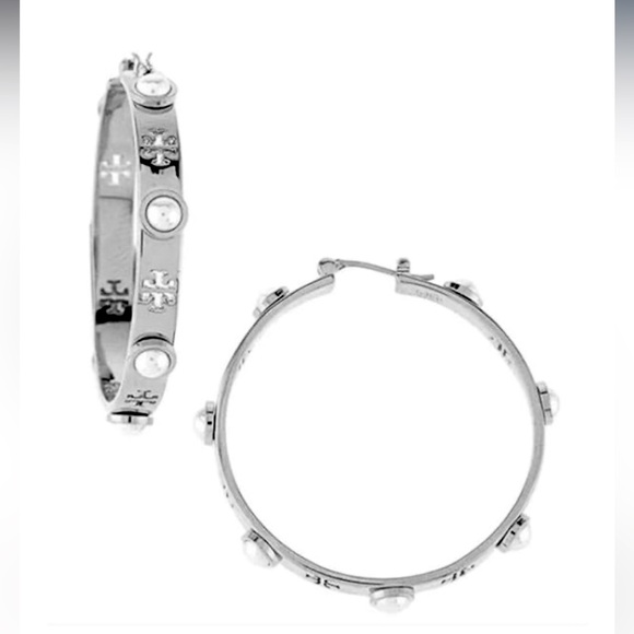 TORY BURCH Milgrain Logo Pearl Hoop Earrings